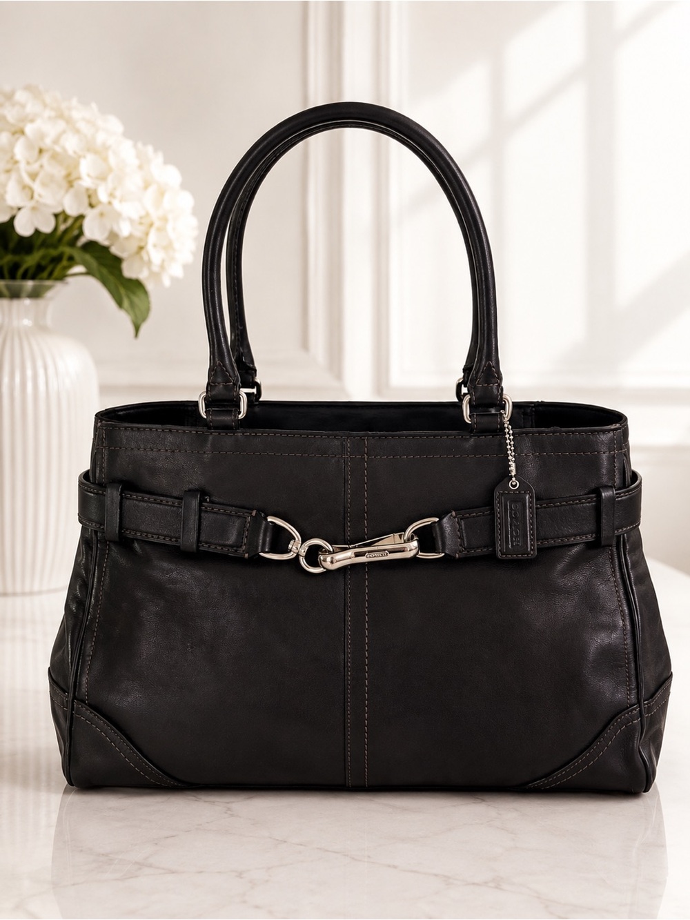 Vintage Y2K Coach Hamptons Black Leather Large Tote Shoulder Bag Buckle Hardware